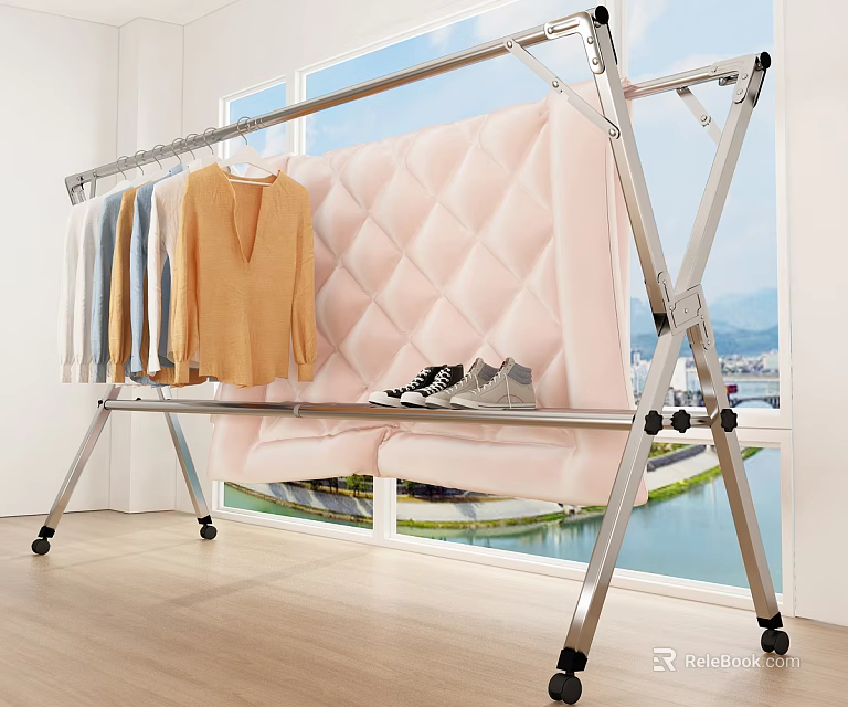 Metal Folding Clothes Hanger with Wheels for Indoor Hanging Clothes and Shoes Near Window 3d model 