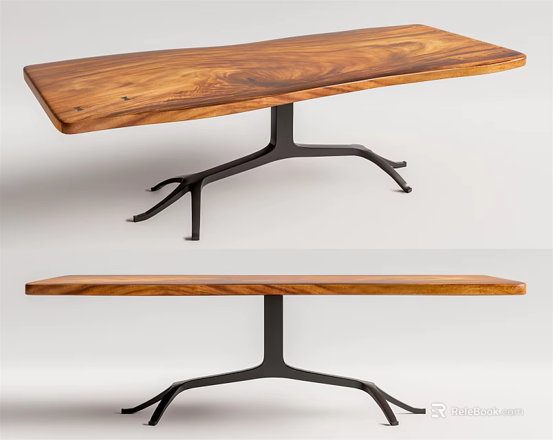 Modern Solid Wood Dining Table With Black Metal Base And Smooth Surface Design 3d model 