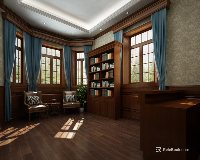 Classic Meeting Room Interior with Wooden Bookshelf Two Chairs Blue Curtains and Wooden Floor 3d model 