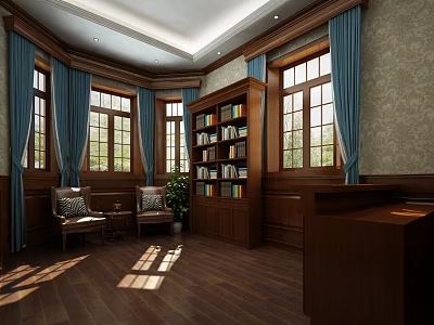 Classic Meeting Room Interior with Wooden Bookshelf Two Chairs Blue Curtains and Wooden Floor 3d model