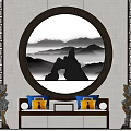 Elegant Chinese Traditional Arhat Bed with Circular Landscape Painting Decorative Cushions and Ornaments