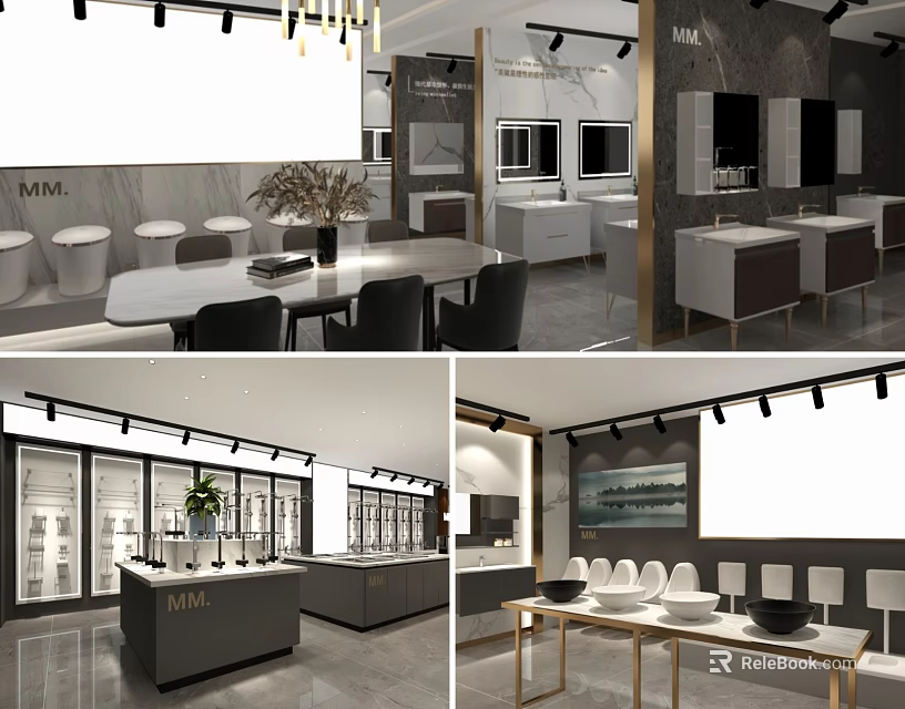 Elegant Modern Showroom Interior With Display Cabinets Counters And Decor Items 3d model 