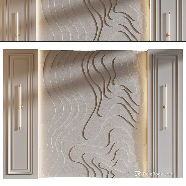 Modern Cream Colored Wall Decor With Embossed Wave Pattern And Metal Handles 3d model 