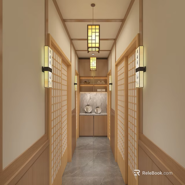 Elegant Hotel Corridor With Wooden Shoji Doors Lantern Lighting And Minimalist Design 3d model 