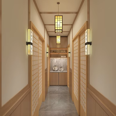 Elegant Hotel Corridor With Wooden Shoji Doors Lantern Lighting And Minimalist Design 3d model