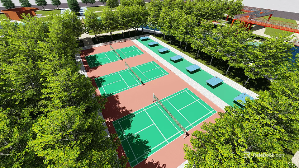 Beautiful Park Landscape Featuring Multiple Tennis Courts Green Surfaces Red Ground And Trees 3d model 