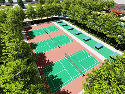 Beautiful Park Landscape Featuring Multiple Tennis Courts Green Surfaces Red Ground And Trees 3d model