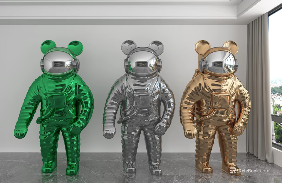 Decorative Ornament Set With Astronaut Shaped Green Silver And Gold Metallic Glossy Figures 3d model 