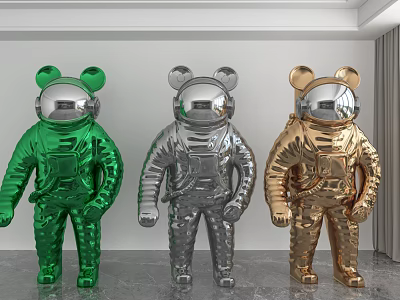 Decorative Ornament Set With Astronaut Shaped Green Silver And Gold Metallic Glossy Figures 3d model