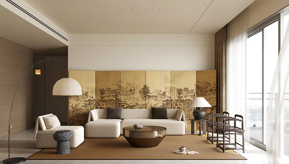 Elegant Living Room Interior With Golden Screen Beige Sofa Round Coffee Table And Chinese Chairs 3d model 