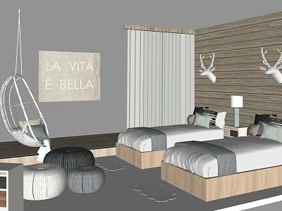 Hotel Guest Room with Twin Beds Wooden Wall Deer Head Ornaments and Hanging Chair 3d model
