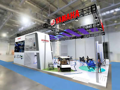 Yamaha Modern Exhibition Booth Featuring White Vehicle Blue Carpet And Purple Decorations 3d model
