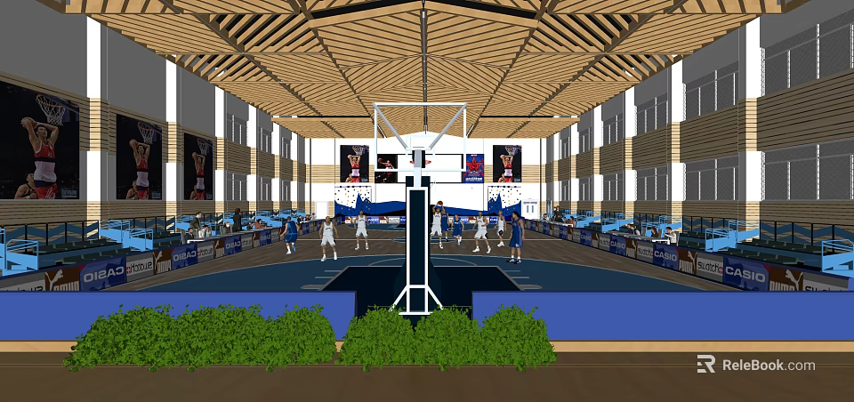 Indoor Basketball Court With Players Competing And Audience Seats In Modern Gymnasium 3d model 
