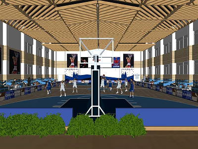 Indoor Basketball Court With Players Competing And Audience Seats In Modern Gymnasium 3d model