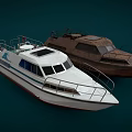 White Yacht With Green Wave Logo On Deck And Vintage Boat Background