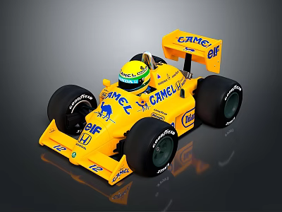 Yellow LOTUS Racing Car With CARMEL ELF Sponsor Logos And Large Tires 3d model