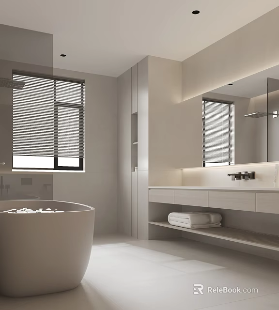 Modern Minimalist Bathroom Interior With Freestanding Tub Vanity And Blinds 3d model 
