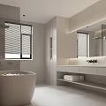 Modern Minimalist Bathroom Interior With Freestanding Tub Vanity And Blinds