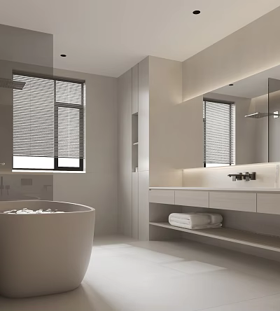 Modern Minimalist Bathroom Interior With Freestanding Tub Vanity And Blinds 3d model