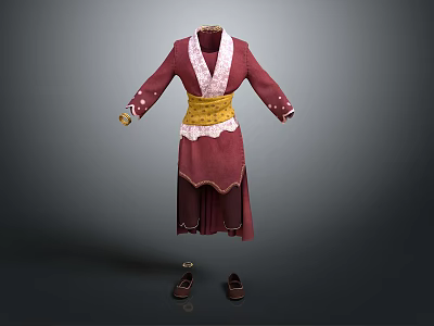 Traditional Red Robe With White Inner Lining Yellow Belt Decorative Cuffs And Brown Shoes 3d model