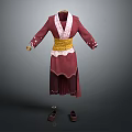 Traditional Red Robe With White Inner Lining Yellow Belt Decorative Cuffs And Brown Shoes