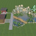 Scenic Chinese Garden Landscape Featuring Lotus Pond Wooden Bridge Rock Waterfall Pavilions and Green Lawn