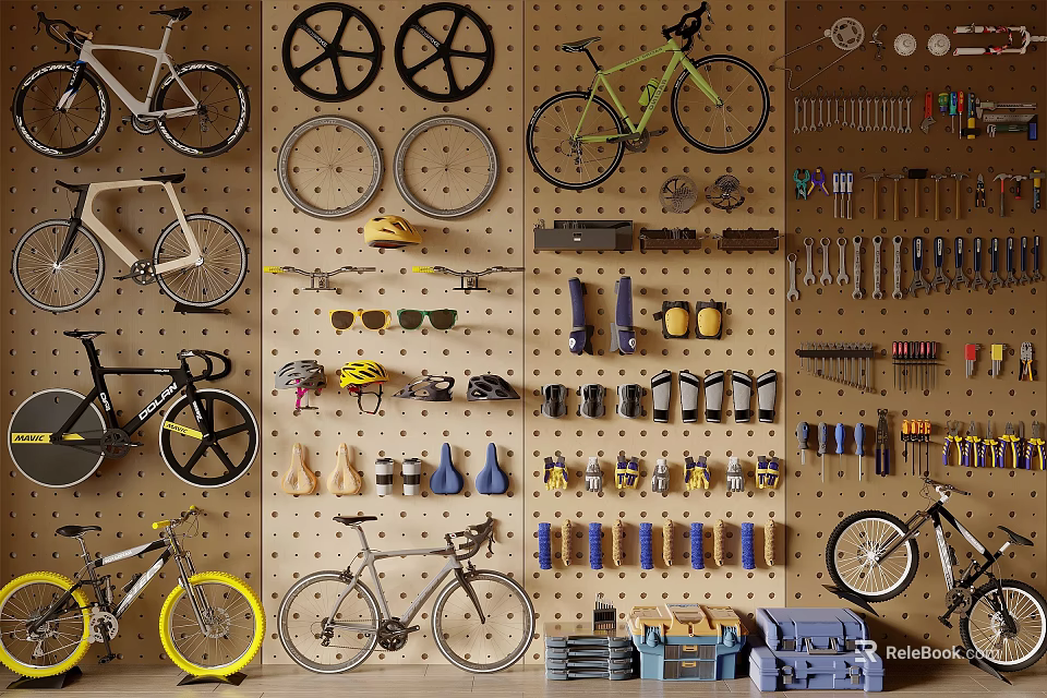 Colorful Bicycles Hanging on Workshop Wall with Wheels Tools Helmets and Toolboxes 3d model 