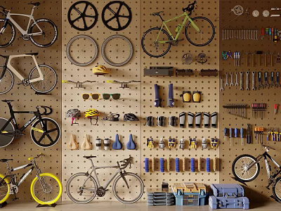 Colorful Bicycles Hanging on Workshop Wall with Wheels Tools Helmets and Toolboxes 3d model