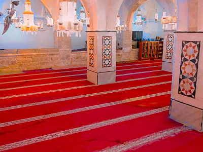 Cartoon Mosque Interior Scene With Red Striped Carpets White Patterned Pillars And Hanging Chandeliers 3d model