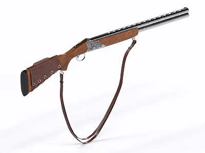 Classic Vintage Shotgun With Silver Engraved Wooden Stock And Leather Strap 3d model
