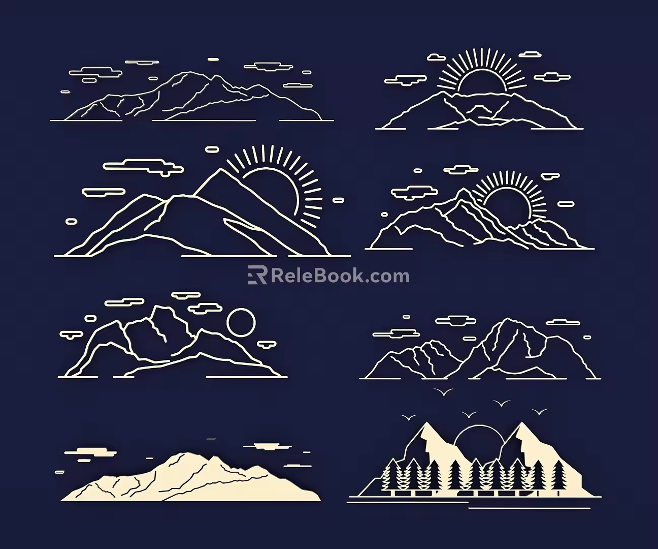 Peak mountain range outdoor forest blue sky white clouds sun linear peak silhouette hand drawn sketch pattern Icon 3d model