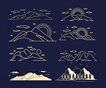 Peak mountain range outdoor forest blue sky white clouds sun linear peak silhouette hand drawn sketch pattern Icon 3d model