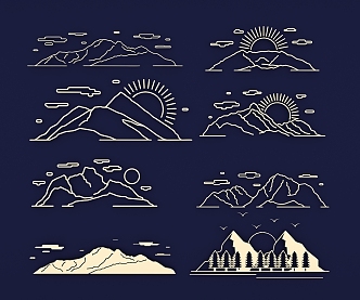 Peak mountain range outdoor forest blue sky white clouds sun linear peak silhouette hand drawn sketch pattern Icon 3d model