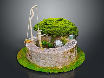 Garden Ornament Featuring Stone Circular Well Green Grass Small Tree Rope And Water Bucket 3d model
