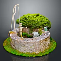 Garden Ornament Featuring Stone Circular Well Green Grass Small Tree Rope And Water Bucket
