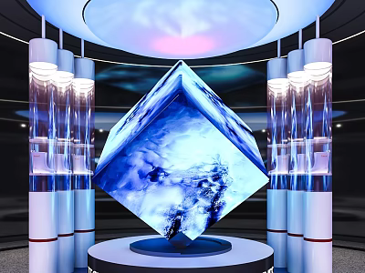 Blue Cube Art Installation With Illuminated Columns And Circular Light 3d model
