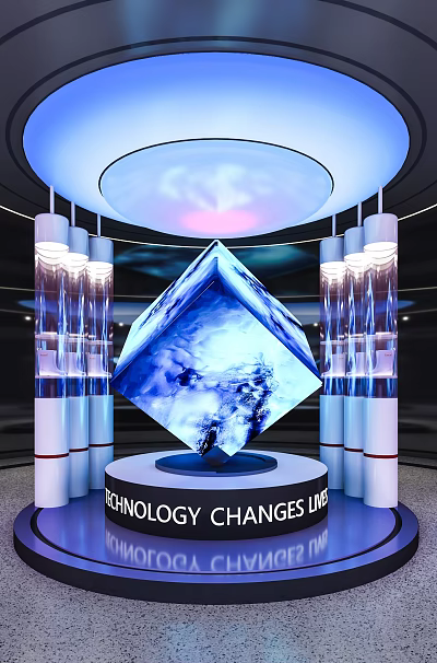 Blue Cube Art Installation With Illuminated Columns And Circular Light 3d model