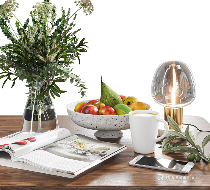 Fresh Mixed Fruits In Speckled Ceramic Bowl With Greenery Bouquet Glass Lamp Open Magazine And White Mug On Wooden Table 3d model 