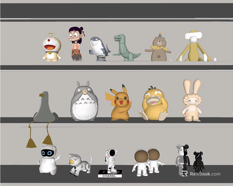 Various Stuffed Toys Collection Displayed On Shelves With Different Characters 3d model 