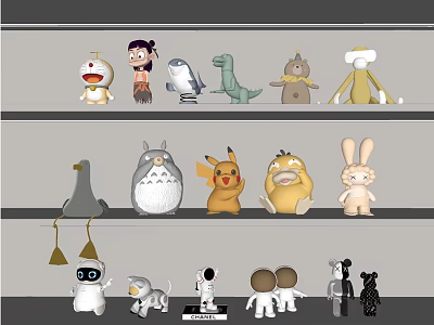 Various Stuffed Toys Collection Displayed On Shelves With Different Characters 3d model