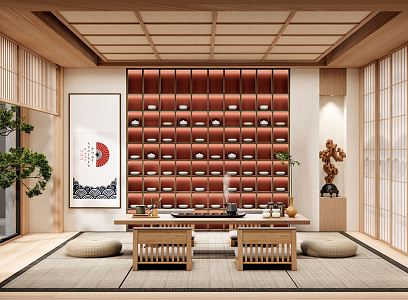 Japanese Style Tea Room Tatami Tea Room Home Tea Room Tea Table and Chair Decorative Cabinet 3d model