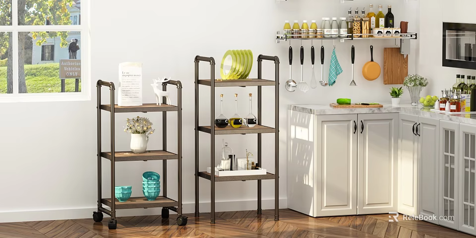 Multi Tier Rolling Kitchen Storage Shelf With Dishes Vases And Decor Items 3d model