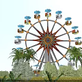 Colorful Ferris Wheel Amusement Ride With Star Shaped Center And Palm Trees