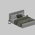 Modern Double Bed with Light Gray Headboard Green Gray Blankets and White Pillows 3d model