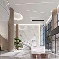 Modern Restaurant Interior With Marble Wall Spiral Staircase Reception Desk Green Plants And Large Windows