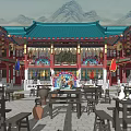 Ancient Chinese Architecture Courtyard Design With Blue Roof Red Pillars And Wooden Tables