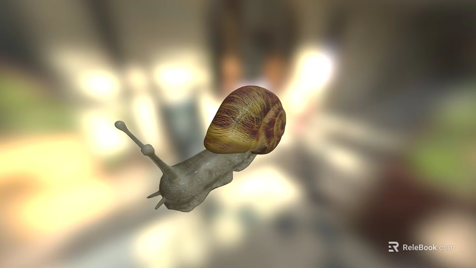 Small Snail With Brown Yellow Shell And Gray Body On Blurred Background 3d model 