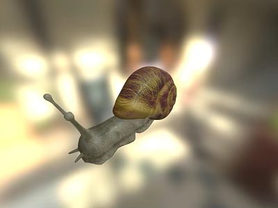 Small Snail With Brown Yellow Shell And Gray Body On Blurred Background 3d model