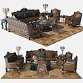 Luxurious Sofa And Coffee Table Combination With Ornate Details And Soft Cushions On Patterned Rug