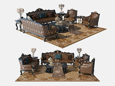 Luxurious Sofa And Coffee Table Combination With Ornate Details And Soft Cushions On Patterned Rug 3d model